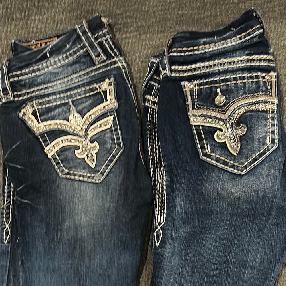 Blue Boot Cut Jeans with Decorative Stitching and Embellishments